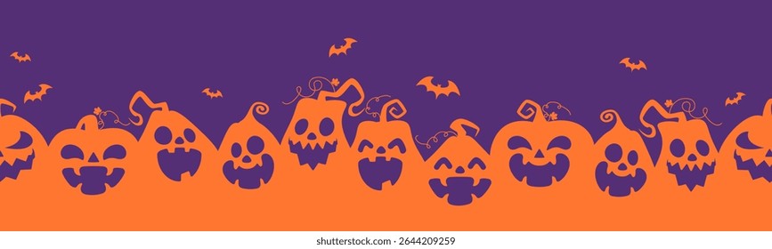 Seamless Halloween banner featuring spooky jack o lantern and pumpkin silhouettes. Flat vector background illustration ideal for Halloween party posters, festive decorations, and endless themed design