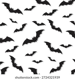 Padrão de morcego de Halloween perfeito em estilo vetorial limpo. Repetindo silhuetas de morcego voador no fundo branco, perfeito para papel de parede, tecido, papel de embrulho, impressões têxteis, decorações assustadoras e projetos de design gráfico de férias.