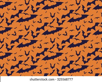 Seamless halloween of bats backgrounds. Vector hand-drawn illustration. Orange and purple seamless pattern of  flock bats