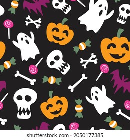Seamless halloween black background cartoon ghost, skull, bone, candy, bat vector illustration design