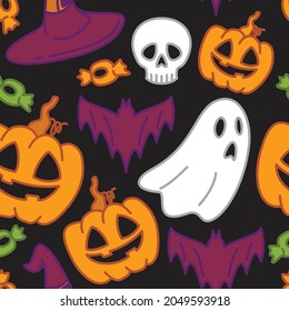 Fondo negro de halloween sin foco con calabazas de colores, caramelos, fantasmas, cráneo y sombrero de bruja