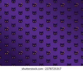 Seamless Halloween Black Cat emoji vector pattern on purple gradient background.