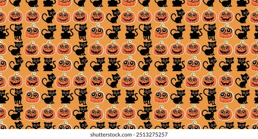 Seamless Halloween black cat pattern. Vector Illustration.