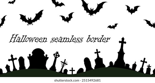 seamless Halloween border, background. vector illustration of a repeating pattern with lots of tombstones, crosses and bats. isolated on a white backdrop