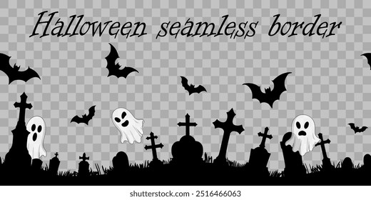 moldura de Halloween sem costura, fundo. ilustração vetorial de um padrão repetitivo com lotes de lápides, cruzes, fantasma e morcegos. desenho horizontal isolado em um fundo quadriculado