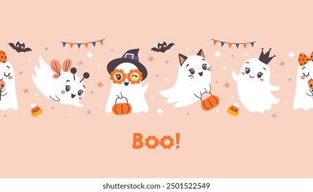 Seamless Halloween border of cute little girl ghosts on pink background in flat cartoon style.