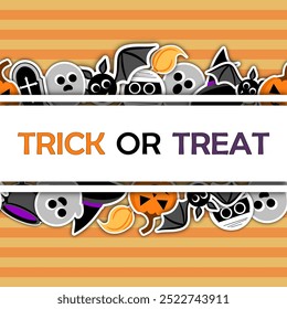 seamless Halloween border, frame, background, stripe. Vector illustration of very cute ghosts, bats, carved pumpkin, the cauldron and the witch's hat. template design greeting, card with copy space. 