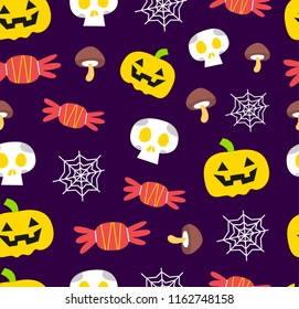 seamless halloween candy, skull, spiderweb, mushroom, pumpkin pattern