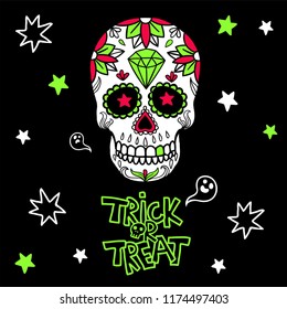 Seamless Halloween card with Mexican skull. Trick or Treat.