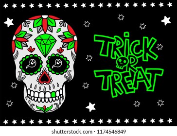 Seamless Halloween card with Mexican skull. Trick or Treat.