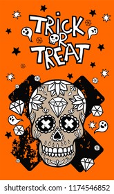 Seamless Halloween card with Mexican skull. Trick or Treat.