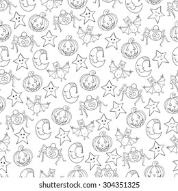Seamless halloween cartoon pattern with characters. Can be used for wallpaper, pattern fills, greeting cards, webpage backgrounds, wrapping paper, scrap booking or fabric. Vector illustration. EPS 10.