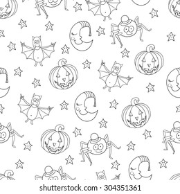 Seamless halloween cartoon pattern with characters. Can be used for wallpaper, pattern fills, greeting cards, webpage backgrounds, wrapping paper, scrap booking or fabric. Vector illustration. EPS 10.