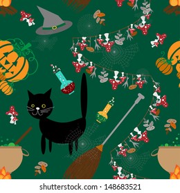 Seamless halloween with the cat potion and toadstool.