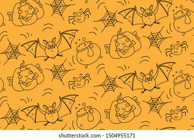 Seamless Halloween celebration pattern with pumpkin, flying mouse, spider web, spider, potion pot.