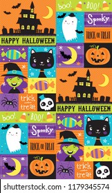 Seamless, Halloween Character Vector Pattern featuring witches, ghosts, black cats, jack-o-lanterns, haunted house, trick or treats and more! This image repeats to make a great background.