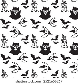 Seamless Halloween Characters Pattern with Black and White Palette for Merchandise Tshirts Web and Print Design