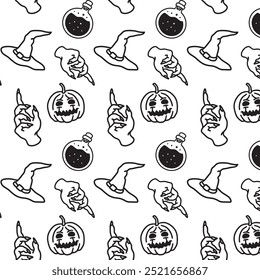 Seamless Halloween Characters Pattern with Black and White for Merchandise Tshirts Web and Print Design