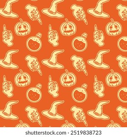Seamless Halloween Characters Pattern with Orange Color Palette for Merchandise Tshirts Web and Print Design