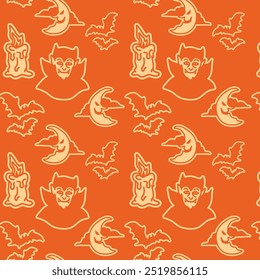Seamless Halloween Characters Pattern with Orange Color Palette for Merchandise Tshirts Web and Print Design