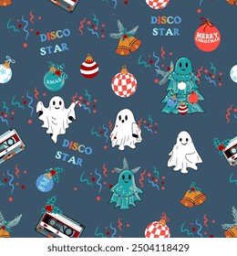 Seamless Halloween Christmas pattern. Vector illustration of Halloween party, disco, music, retro style. Vector cartoon seamless pattern.