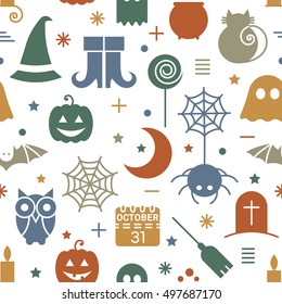 Seamless Halloween colorful pattern with festive Halloween icons. Design for wrapping paper, paper packaging, textiles, fabric, holiday party invitations, banner, greeting card. Vector illustration.