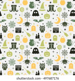 Seamless Halloween colorful pattern with festive Halloween icons. Design for wrapping paper, paper packaging, textiles, fabric, holiday party invitations, banner, greeting card. Vector illustration.