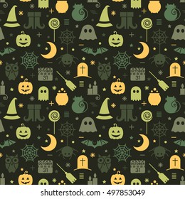 Seamless Halloween colorful pattern with festive Halloween icons. Design for wrapping paper, paper packaging, textiles, fabric, holiday party invitations, banner, greeting card. Vector illustration.