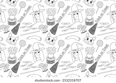 A seamless Halloween coloring page pattern featuring witch hats, cauldrons, lollipops, bats, and spooky elements perfect for kids.