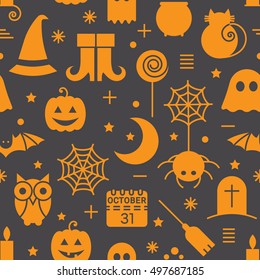 Seamless Halloween colourful orange and black pattern with festive Halloween icons. Design for wrapping paper, paper packaging, textiles, holiday party invitations, greeting card. Vector illustration.