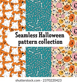 Seamless Halloween colourful pattern collection, flat illustration. Vector illustration