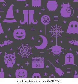 Seamless Halloween colourful violet and black pattern with festive Halloween icons. Design for wrapping paper, paper packaging, textiles, holiday party invitations, greeting card. Vector illustration.