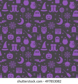 Seamless Halloween colourful violet and black pattern with festive Halloween icons. Design for wrapping paper, paper packaging, textiles, holiday party invitations, greeting card. Vector illustration.