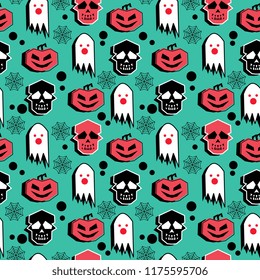 Seamless halloween creative pattern with funny ghost for baby and kids trendy colorful fashion and textile print. Vector illustration cute spooky monster.