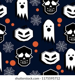Seamless halloween creative pattern with funny ghost for baby and kids trendy colorful fashion and textile print. Vector illustration cute spooky monster.