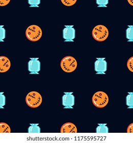 Seamless halloween creative pattern with funny ghost for baby and kids trendy colorful fashion and textile print. Vector illustration cute spooky monster.