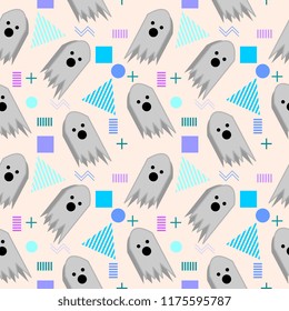 Seamless halloween creative pattern with funny ghost for baby and kids trendy colorful fashion and textile print. Vector illustration cute spooky monster.