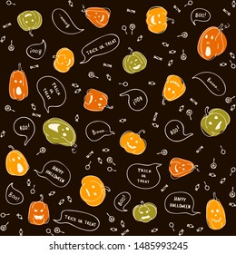 Seamless Halloween Doodle pattern with colorful pumpkins, lollipops, lettering on dark brown background. Halloween background.