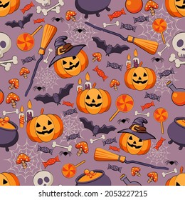 Seamless Halloween fabric pattern with orange pumpkin, cobwebs, sweets, skulls, cauldron, fly agarics, witch hat and broom. Vector illustration. Flat symbols on a dark background. For postcards, banne