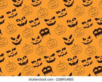 Seamless Halloween faces pattern with spooky scary pumpkin repeating print