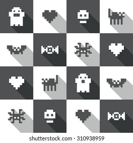 Seamless Halloween festive black and white pixel pattern in vector