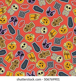 Seamless Halloween flat design. Design for wrapping paper, paper packaging, textiles, holiday party invitations, greeting card. 