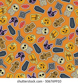 Seamless Halloween flat design. Design for wrapping paper, paper packaging, textiles, holiday party invitations, greeting card. 