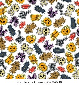 Seamless Halloween flat design. Design for wrapping paper, paper packaging, textiles, holiday party invitations, greeting card. 
