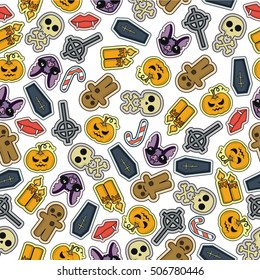 Seamless Halloween flat design. Design for wrapping paper, paper packaging, textiles, holiday party invitations, greeting card.