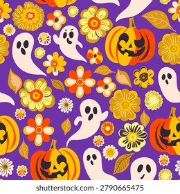 Seamless Halloween floral pattern with cute ghosts, jack-o’-lanterns, autumn flowers and leaves. Retro warm color palette. Perfect for seasonal decor, wrapping paper, textiles, wallpaper, and greeting cards.