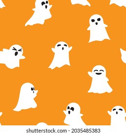 Seamless Halloween Ghost on Orange Background. Spooky White Ghost Fly cute evil horror silhouette for scary october holiday design