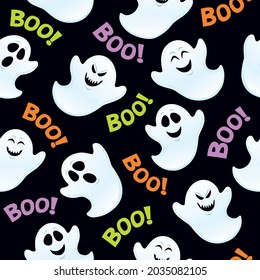 Seamless Halloween ghost pattern on a black background featuring ghosts with different expressions with the word BOO! in purple, green, and orange.