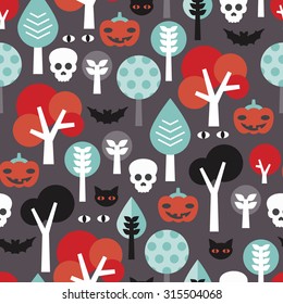 Seamless halloween ghost pumpkin skull and bats forest woodland illustration colorful kids holiday design background pattern in vector