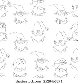 Padrão de Gnome de Halloween perfeito no fundo preto. Gnomos desenhados à mão em chapéus de bruxa